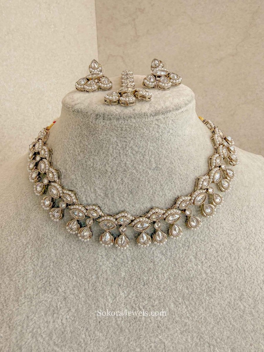 Dainty Clear Crystal & Antique Gold Necklace Set - SOKORA JEWELSDainty Clear Crystal & Antique Gold Necklace Set