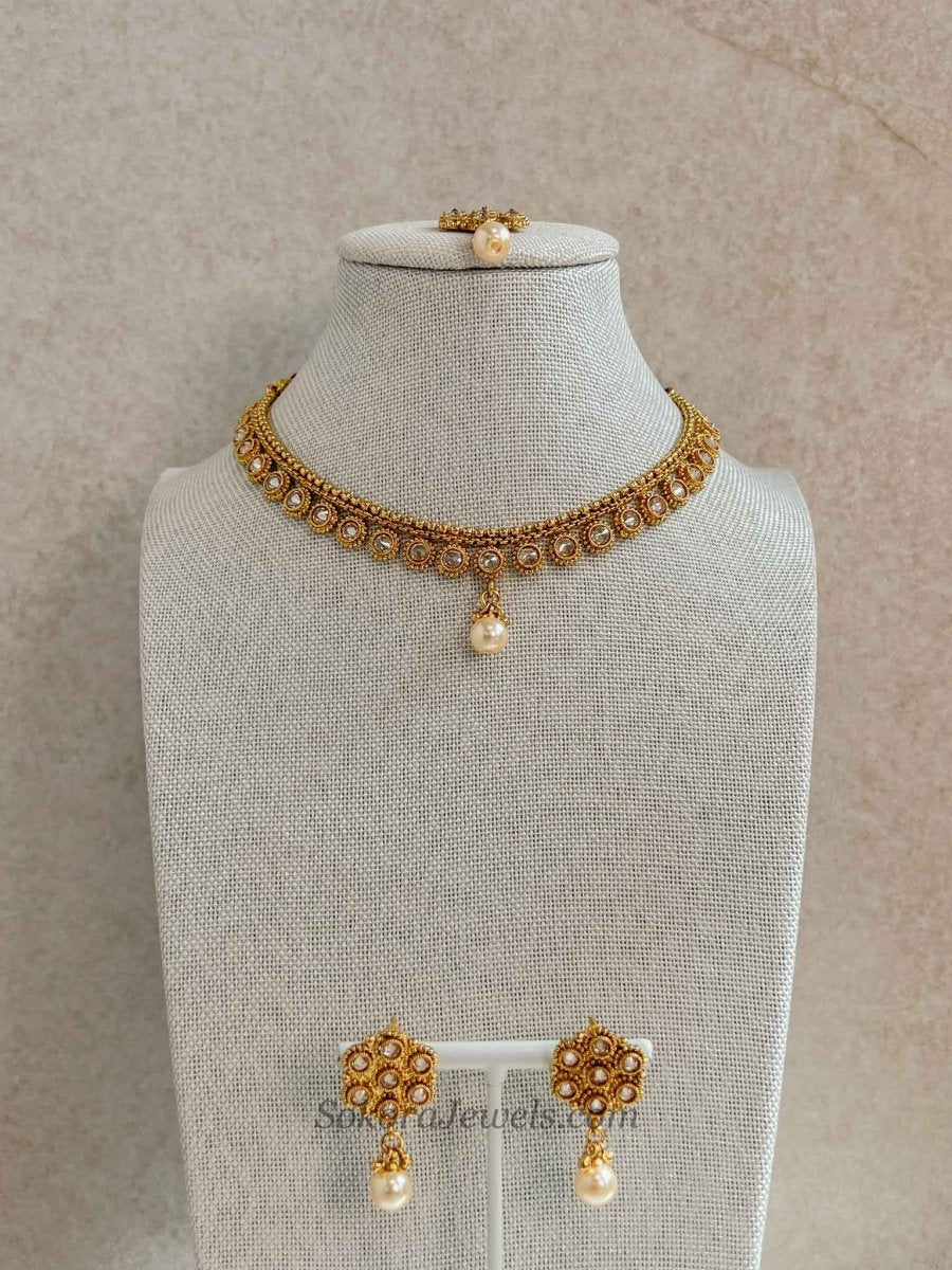 Dainty Gold Kundan Necklace Set – Indian Wedding Guest Jewellery - SOKORA JEWELSDainty Gold Kundan Necklace Set – Indian Wedding Guest JewelleryNECKLACE SETS