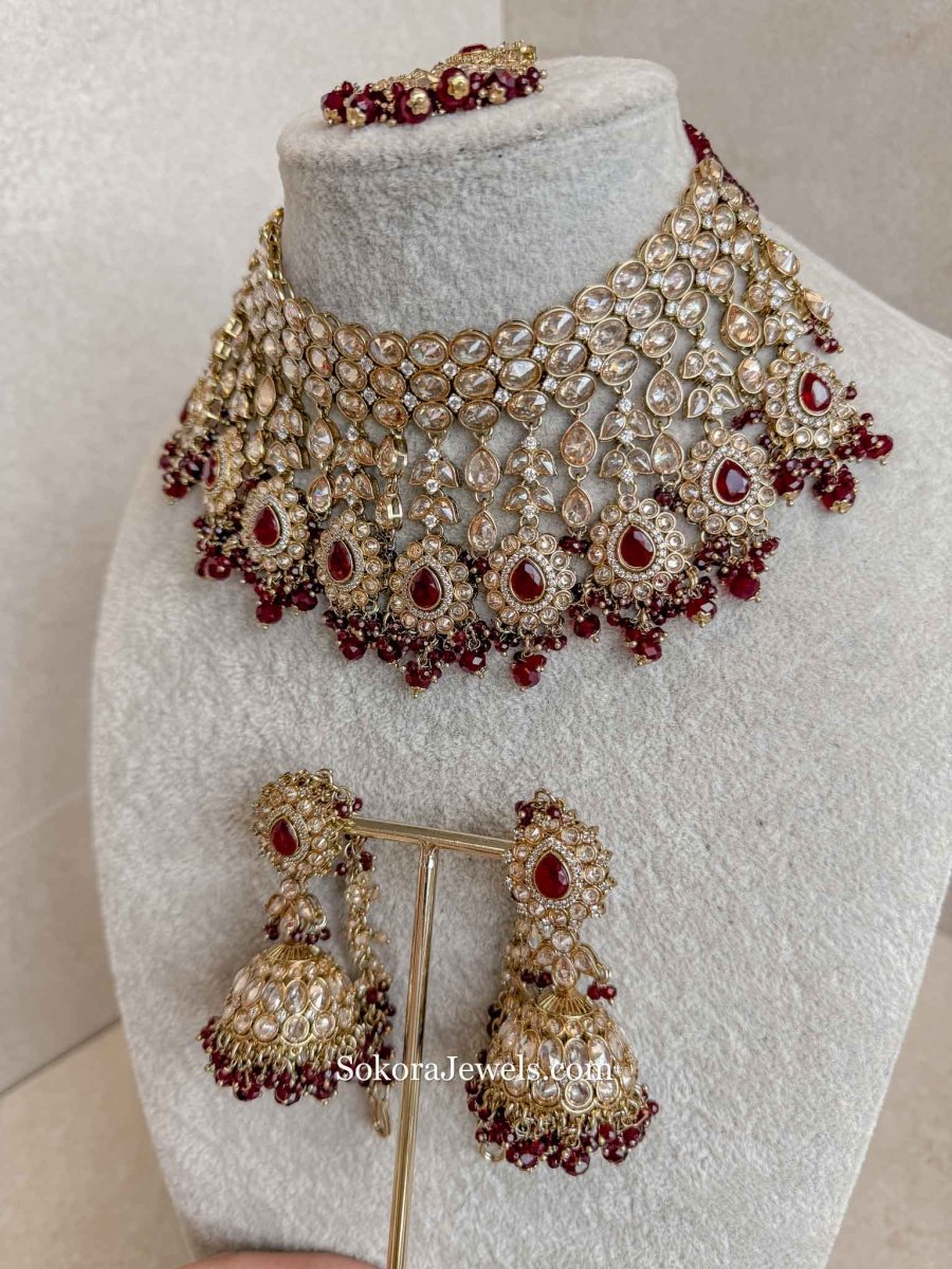 Danika Bridal Choker Necklace Set - Maroon - SOKORA JEWELSDanika Bridal Choker Necklace Set - Maroon