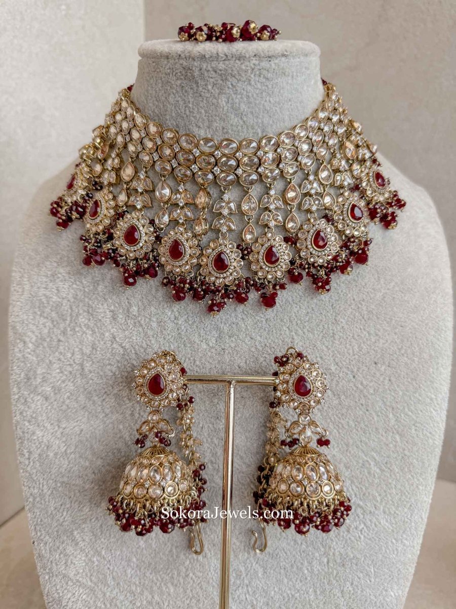Danika Bridal Choker Necklace Set - Maroon - SOKORA JEWELSDanika Bridal Choker Necklace Set - Maroon