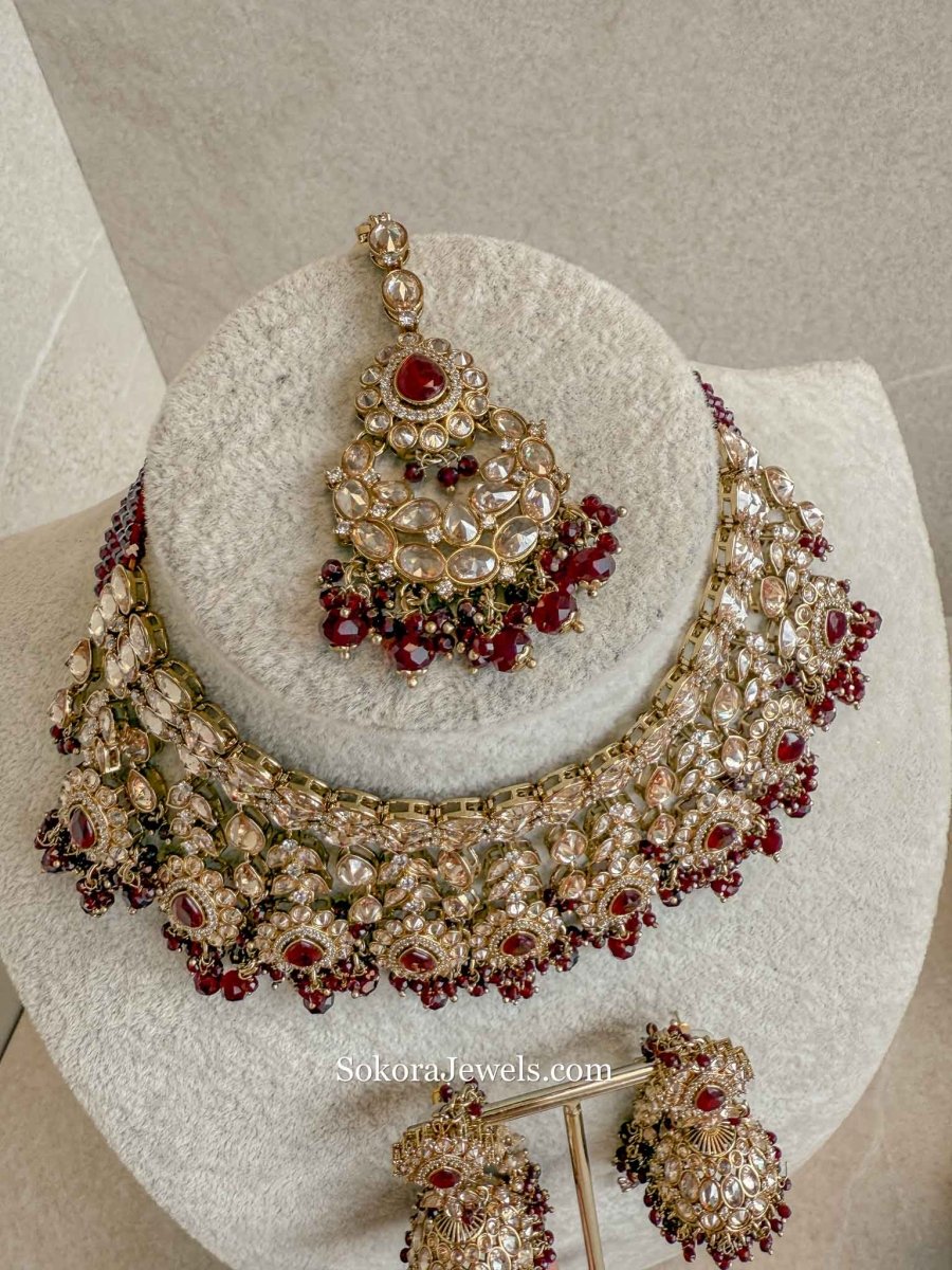 Danika Bridal Choker Necklace Set - Maroon - SOKORA JEWELSDanika Bridal Choker Necklace Set - Maroon