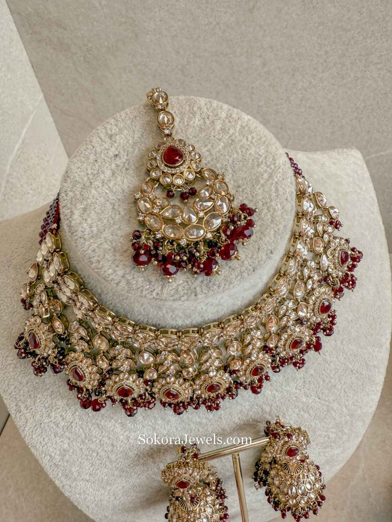 Danika Bridal Choker Necklace Set - Maroon - SOKORA JEWELSDanika Bridal Choker Necklace Set - Maroon