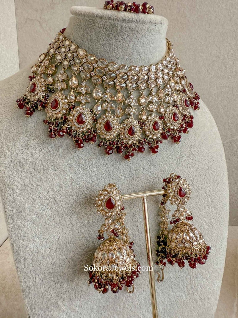 Danika Bridal Choker Necklace Set - Maroon - SOKORA JEWELSDanika Bridal Choker Necklace Set - Maroon