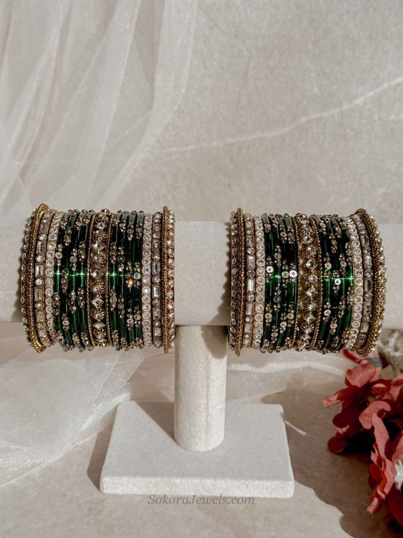 Dark Green Glass Bangles Set - SOKORA JEWELSDark Green Glass Bangles SetBANGLES