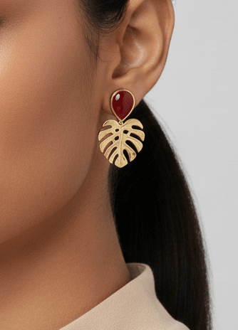Dark Red Gem Palm Leaf Earrings - SOKORA JEWELSDark Red Gem Palm Leaf Earrings