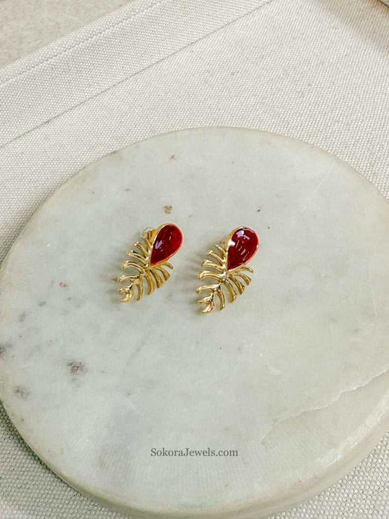 Dark Red Gem Palm Leaf Earrings - SOKORA JEWELSDark Red Gem Palm Leaf Earrings
