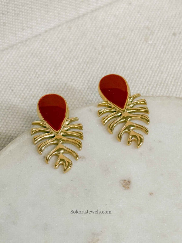 Dark Red Gem Palm Leaf Earrings - SOKORA JEWELSDark Red Gem Palm Leaf Earrings