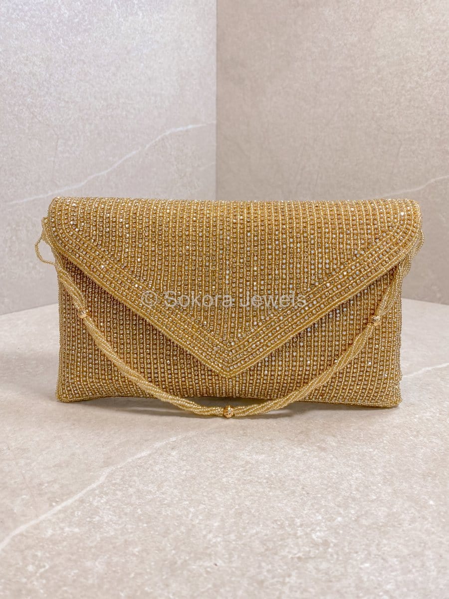 Diamante Envelope Clutch Bag Gold - Main Image