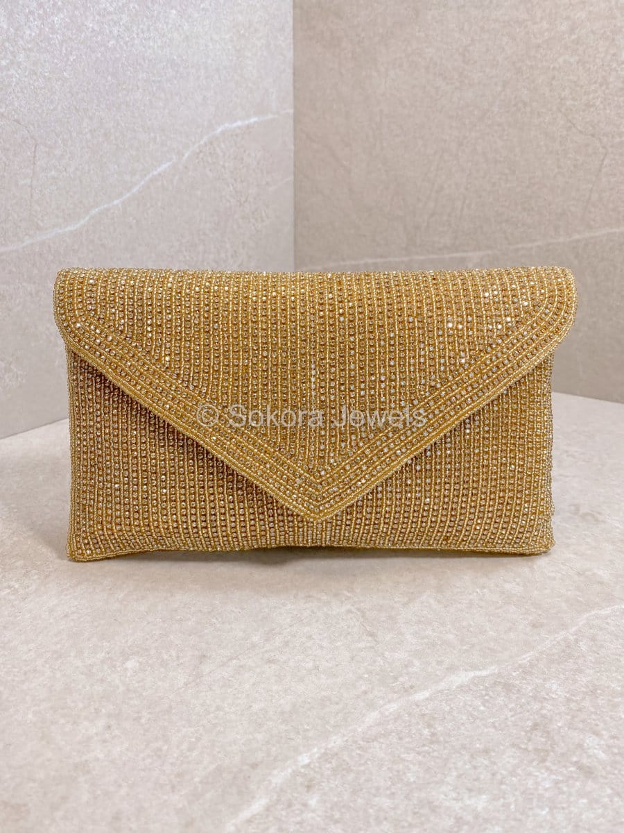 Diamante Envelope Clutch Bag Gold1