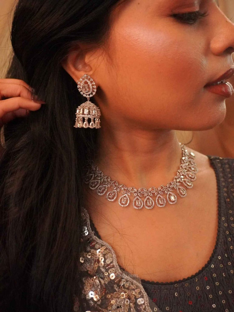 Diamante Necklace Set with Jhumkas - SOKORA JEWELSDiamante Necklace Set with JhumkasNECKLACE SETS