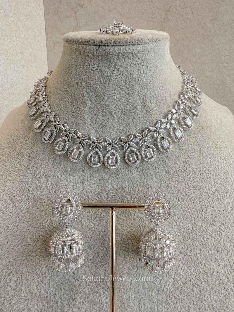 Diamante Necklace Set with Jhumkas - SOKORA JEWELSDiamante Necklace Set with JhumkasNECKLACE SETS