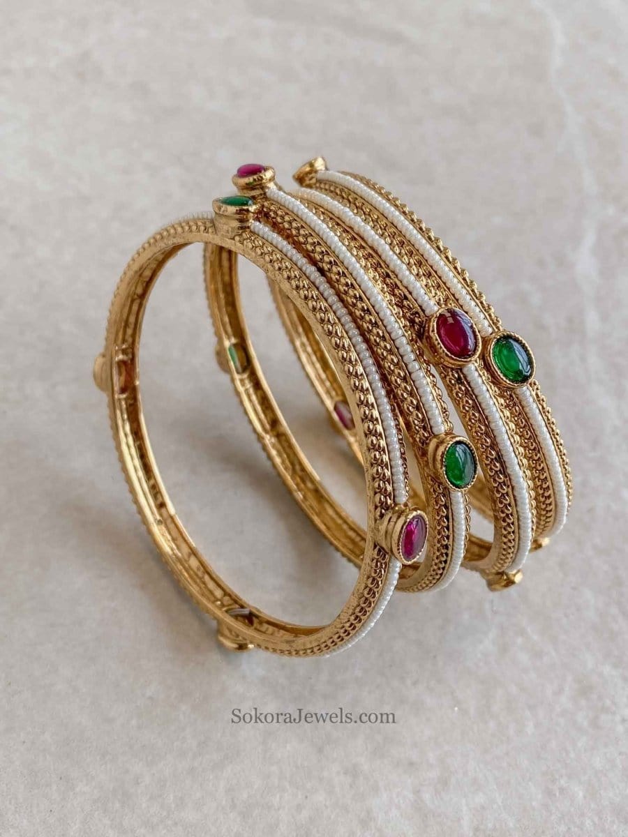 Dilani Pearl & Gem Detail Bangles - Set of 4 - SOKORA JEWELSDilani Pearl & Gem Detail Bangles - Set of 4BANGLES