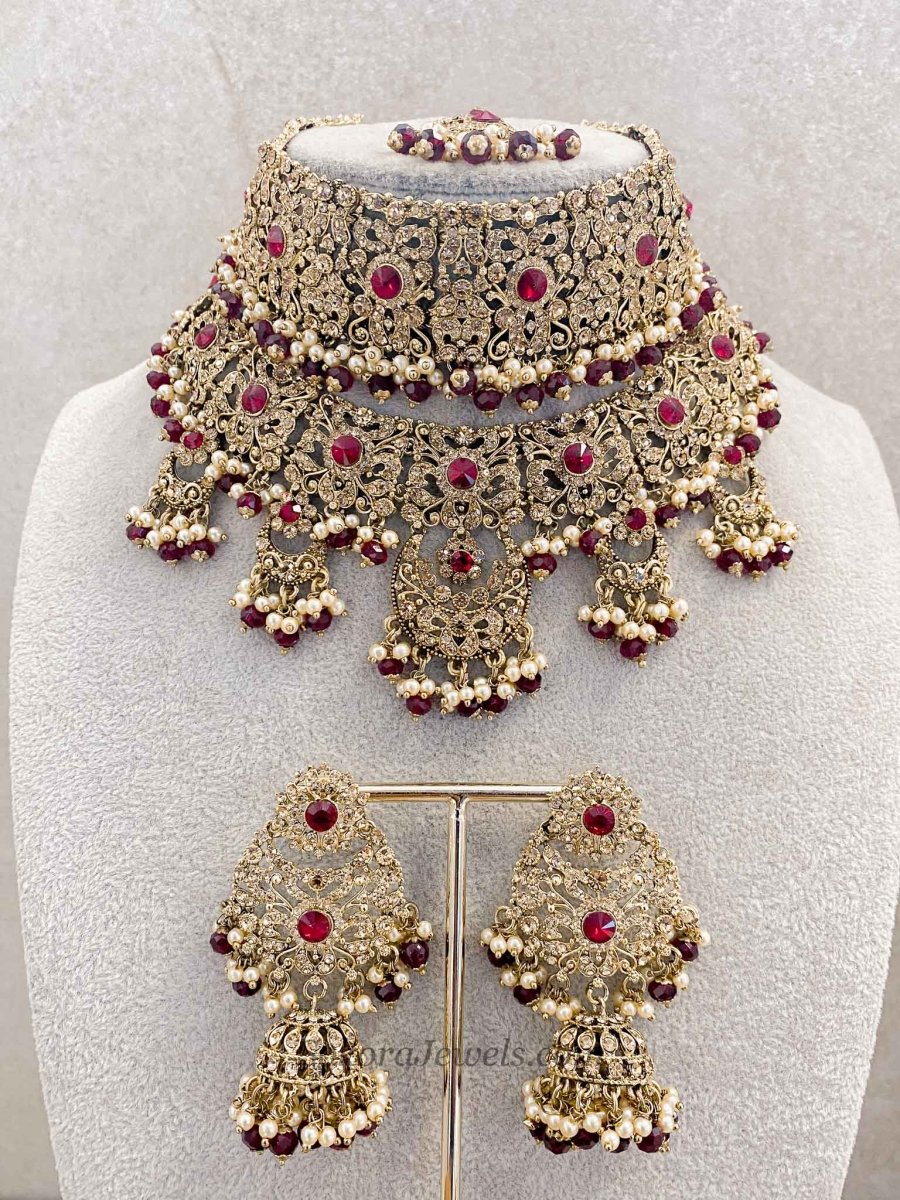 Double Bridal Choker & Necklace Set - Maroon - SOKORA JEWELSDouble Bridal Choker & Necklace Set - Maroonnecklace sets