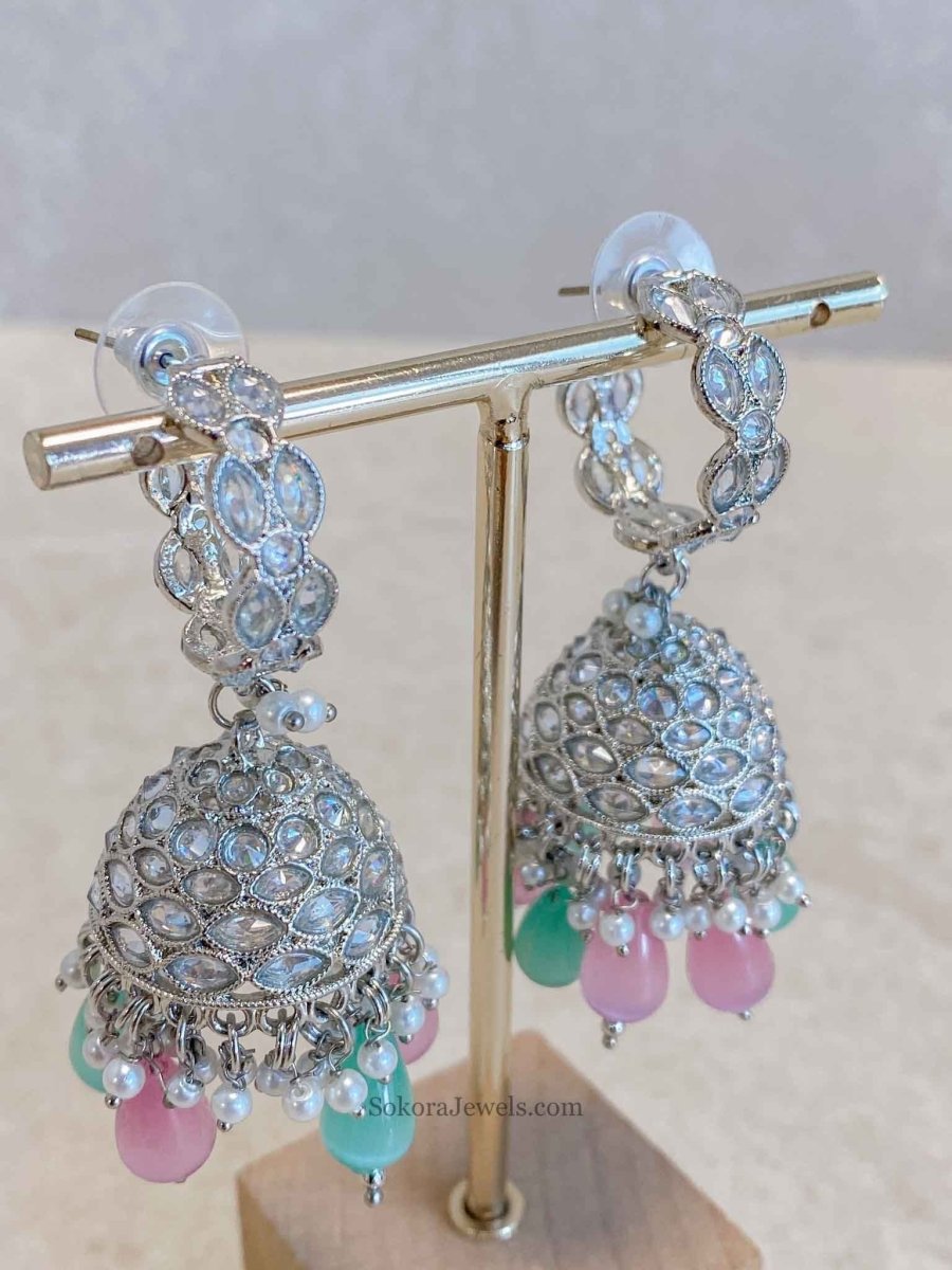 Dua Silver Jhumka Earrings - Pastels - SOKORA JEWELSDua Silver Jhumka Earrings - Pastels