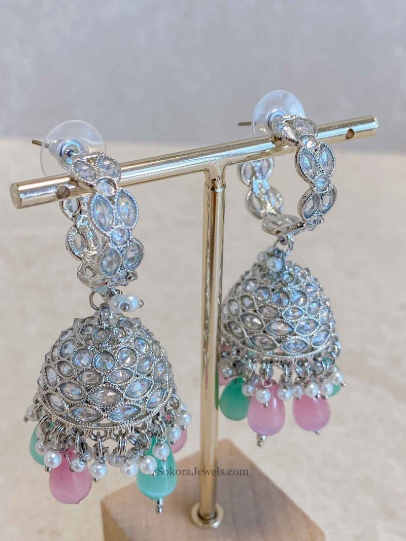 Dua Silver Jhumka Earrings - Pastels - SOKORA JEWELSDua Silver Jhumka Earrings - Pastels