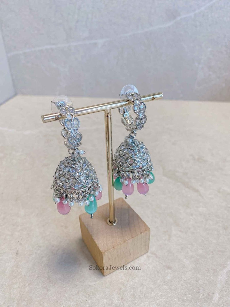 Dua Silver Jhumka Earrings - Pastels - SOKORA JEWELSDua Silver Jhumka Earrings - Pastels