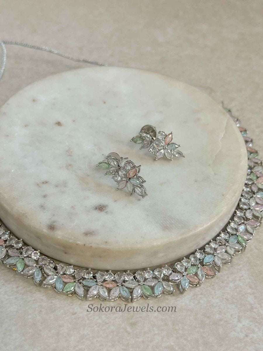 Elara Pastel Silver Necklace Set – Indian Wedding Guest Jewellery - SOKORA JEWELSElara Pastel Silver Necklace Set – Indian Wedding Guest JewelleryNECKLACE SETS