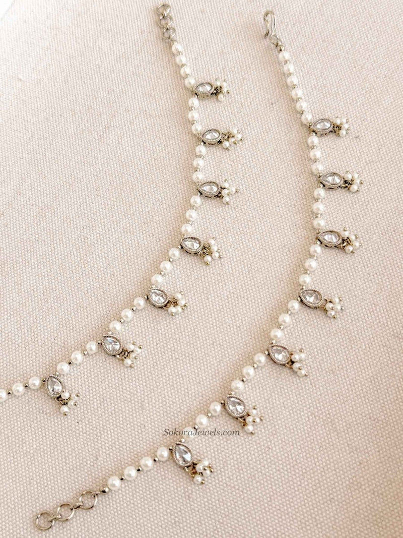 Elegant Pearl & Clear Crystal Drop Earring Chains - SOKORA JEWELSElegant Pearl & Clear Crystal Drop Earring ChainsEARRINGS
