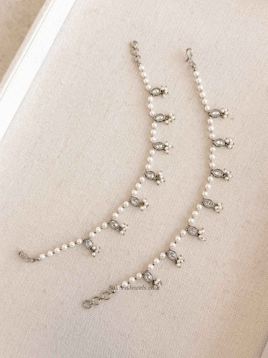 Elegant Pearl & Clear Crystal Drop Earring Chains - SOKORA JEWELSElegant Pearl & Clear Crystal Drop Earring ChainsEARRINGS