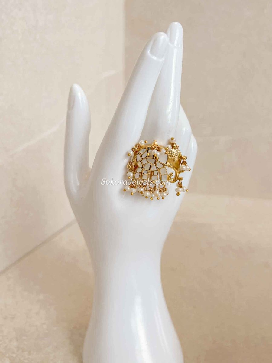 Elephant Motif Mother Of Pearl Kundan Ring - SOKORA JEWELSElephant Motif Mother Of Pearl Kundan RingRING