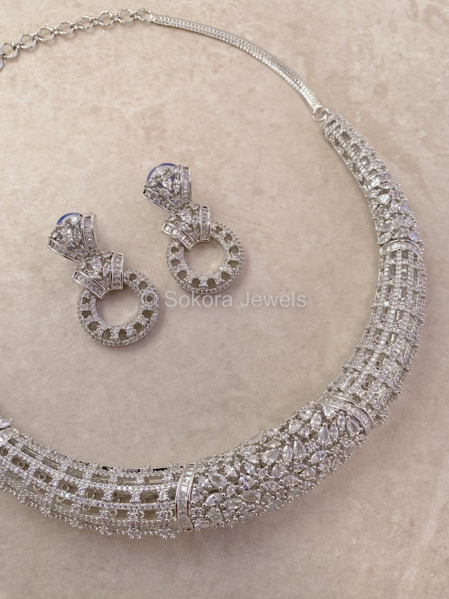 Eliza Silver Diamante Necklace Set - Silver/Clear - SOKORA JEWELSEliza Silver Diamante Necklace Set - Silver/ClearNECKLACE SETS