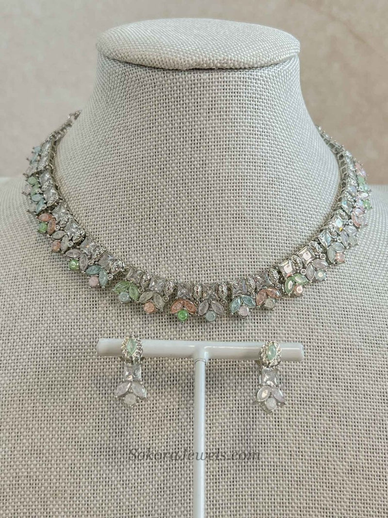 Elourna Pastel Silver Necklace Set – Indian Wedding Guest Jewellery - SOKORA JEWELSElourna Pastel Silver Necklace Set – Indian Wedding Guest JewelleryNECKLACE SETS