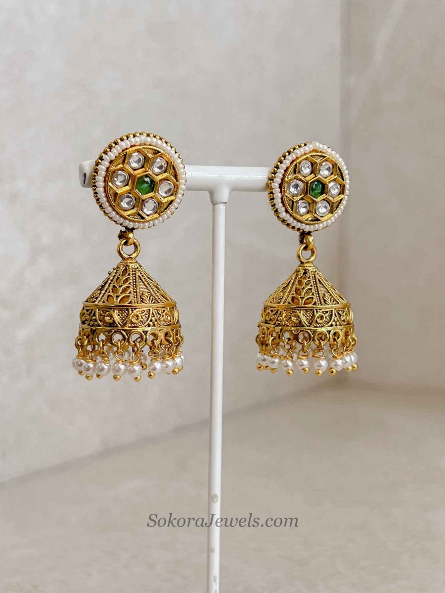 Emerald Gem Cascading Choker set with Jhumkas - SOKORA JEWELSEmerald Gem Cascading Choker set with JhumkasNECKLACE SETS