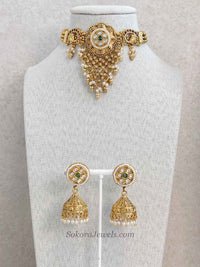 Emerald Gem Cascading Choker set with Jhumkas - SOKORA JEWELSEmerald Gem Cascading Choker set with JhumkasNECKLACE SETS