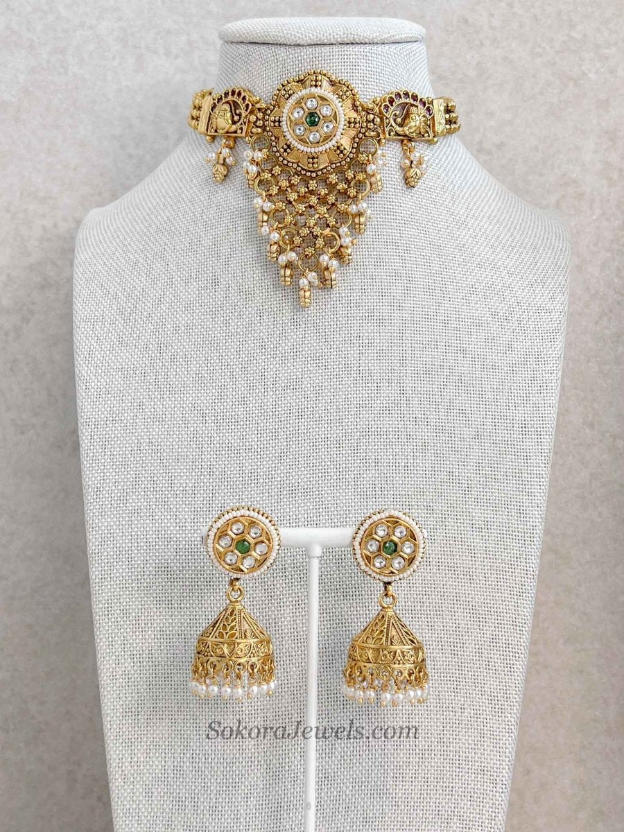 Emerald Gem Cascading Choker set with Jhumkas - SOKORA JEWELSEmerald Gem Cascading Choker set with JhumkasNECKLACE SETS