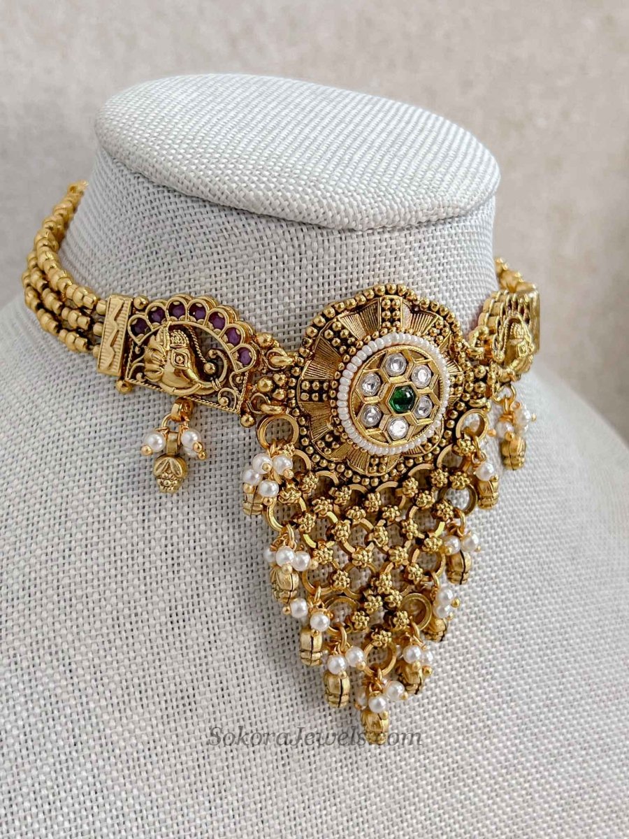 Emerald Gem Cascading Choker set with Jhumkas - SOKORA JEWELSEmerald Gem Cascading Choker set with JhumkasNECKLACE SETS
