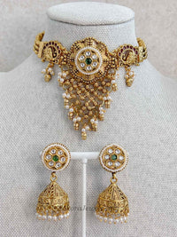 Emerald Gem Cascading Choker set with Jhumkas - SOKORA JEWELSEmerald Gem Cascading Choker set with JhumkasNECKLACE SETS