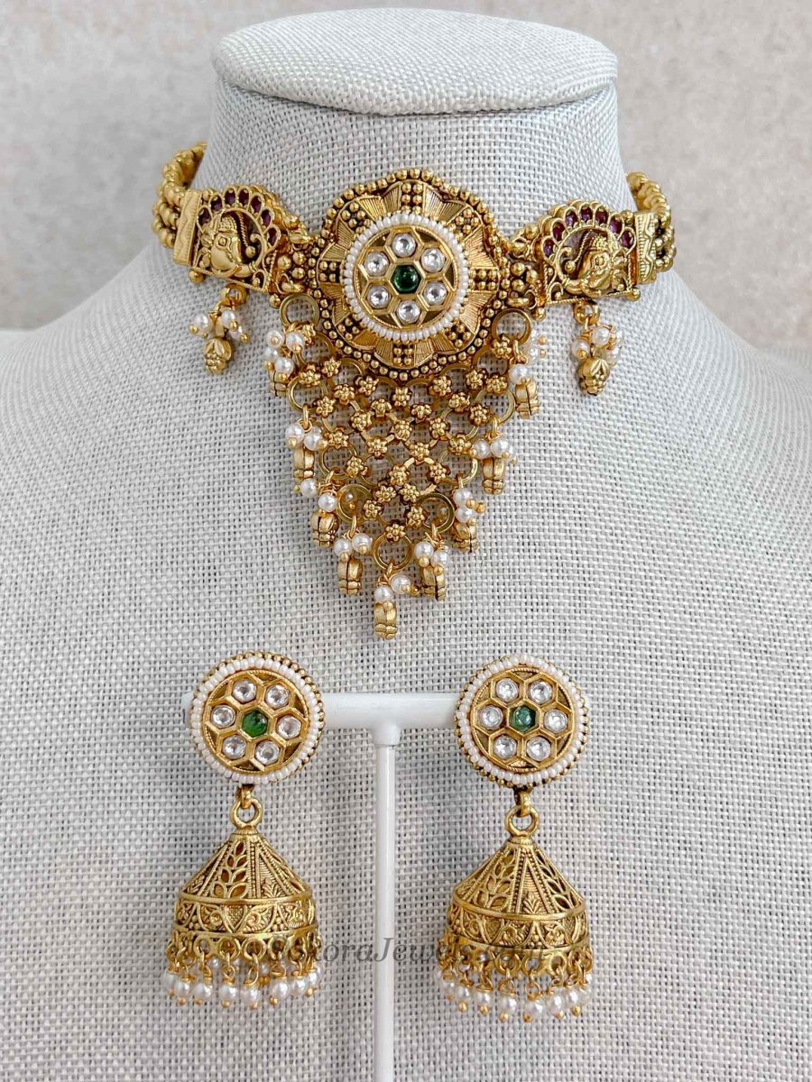 Emerald Gem Cascading Choker set with Jhumkas - SOKORA JEWELSEmerald Gem Cascading Choker set with JhumkasNECKLACE SETS