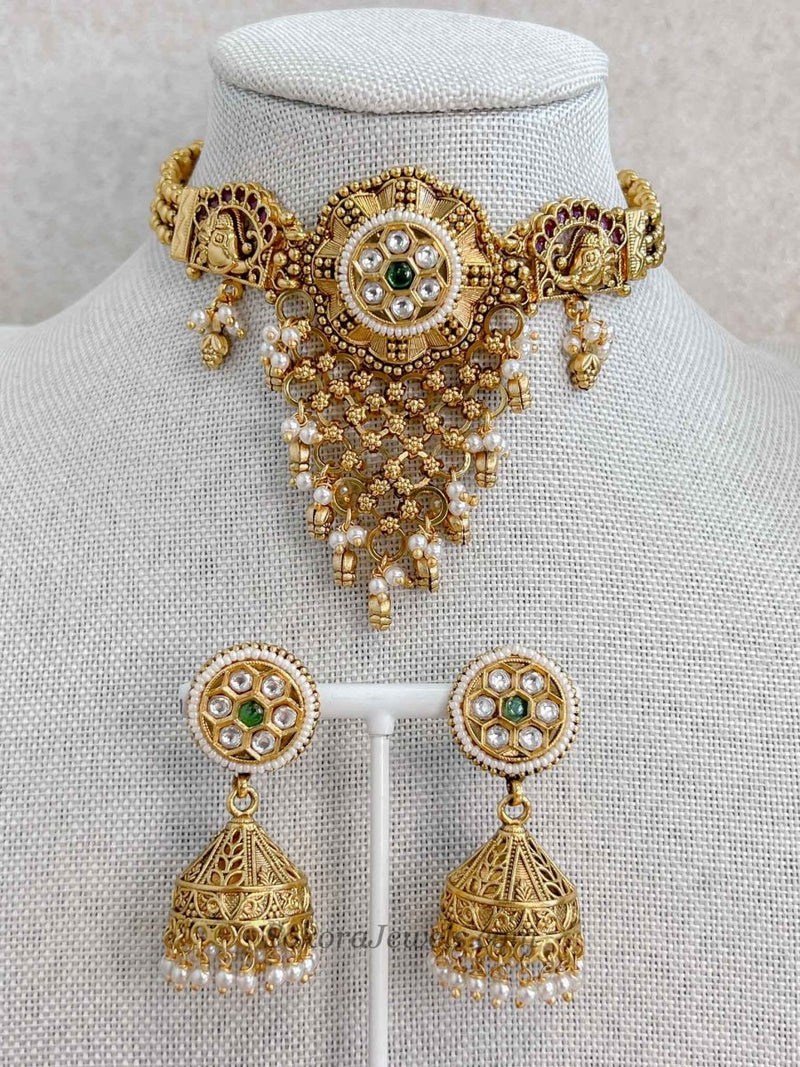 Emerald Gem Cascading Choker set with Jhumkas - SOKORA JEWELSEmerald Gem Cascading Choker set with JhumkasNECKLACE SETS