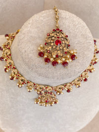 Eshaal Antique Gold Pendant Set - Maroon - SOKORA JEWELSEshaal Antique Gold Pendant Set - Maroon