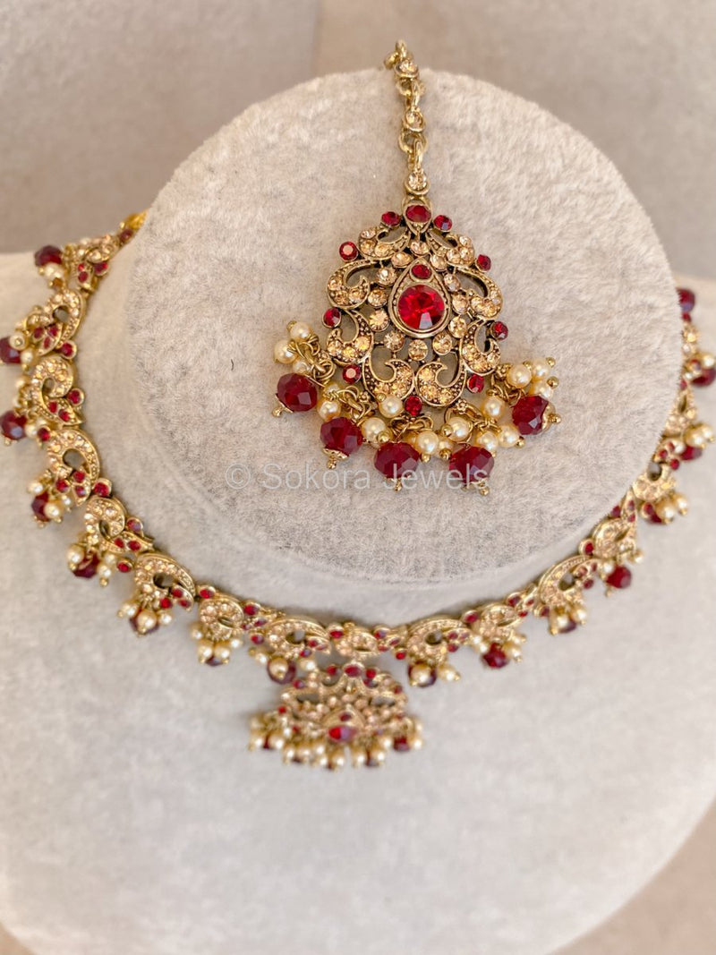 Eshaal Antique Gold Pendant Set - Maroon - SOKORA JEWELSEshaal Antique Gold Pendant Set - Maroon