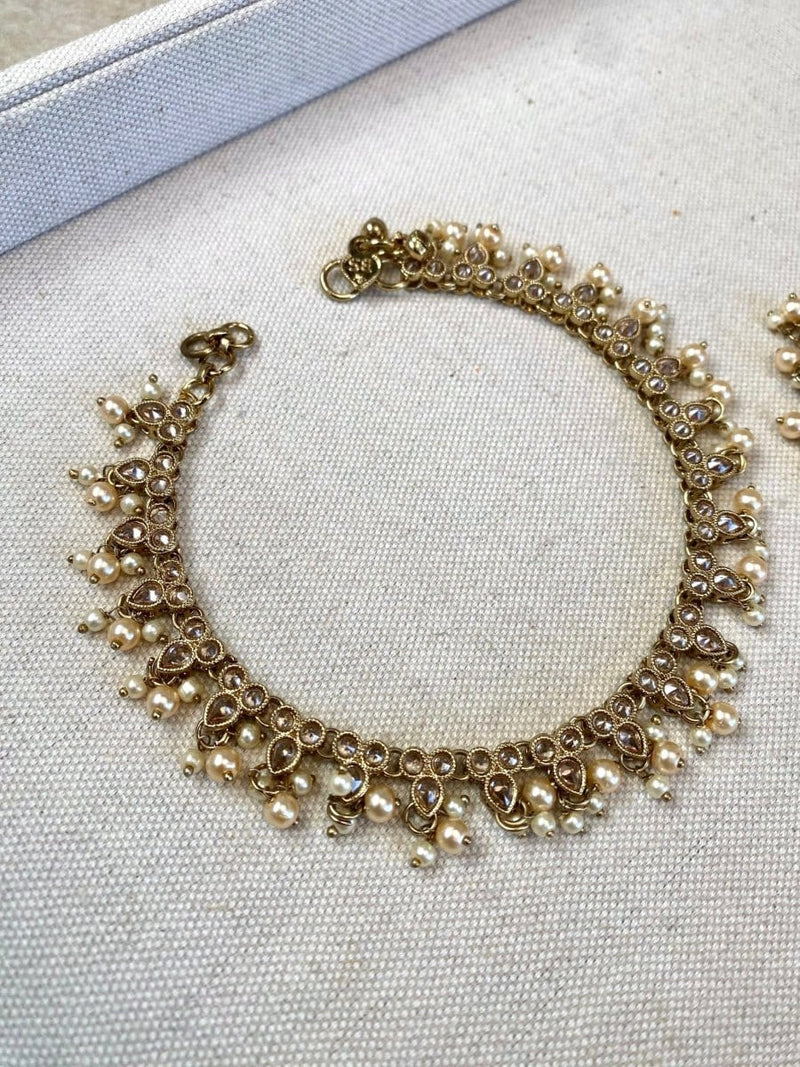 Extra Long Pearl & Crystal Anklets - Champagne - SOKORA JEWELSExtra Long Pearl & Crystal Anklets - Champagne