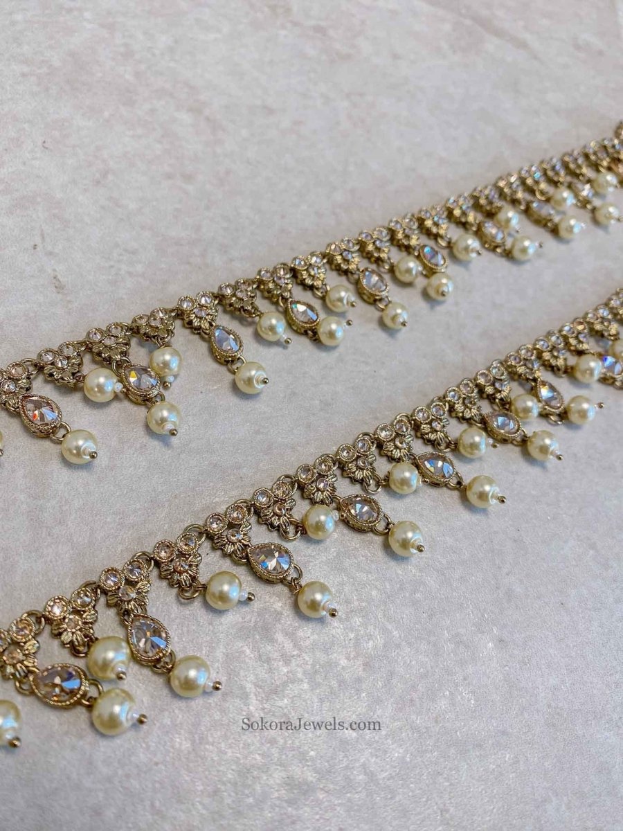 Extra Long Pearly Champagne Bridal Anklets - SOKORA JEWELSExtra Long Pearly Champagne Bridal Anklets