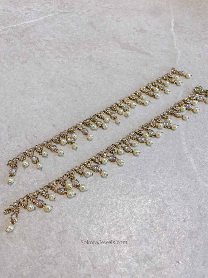 Extra Long Pearly Champagne Bridal Anklets - SOKORA JEWELSExtra Long Pearly Champagne Bridal Anklets