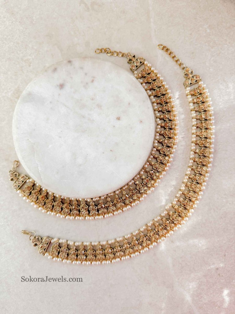 Extra Long Thick Golden and Pearl Anklets - SOKORA JEWELSExtra Long Thick Golden and Pearl Anklets
