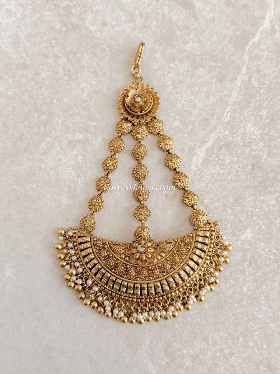 Ezhil Gold Plated Jhumar – Bridal Side Headpiece - SOKORA JEWELSEzhil Gold Plated Jhumar – Bridal Side Headpiece