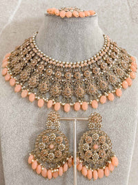 Faiqa Antique Gold Necklace Set Peach - SOKORA JEWELSFaiqa Antique Gold Necklace Set Peach