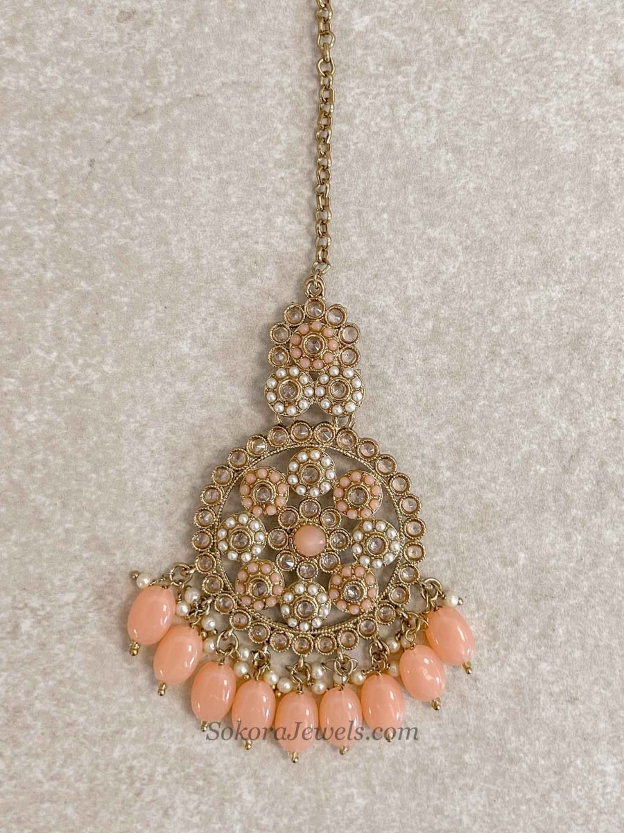 Faiqa Antique Gold Necklace Set Peach - SOKORA JEWELSFaiqa Antique Gold Necklace Set Peach