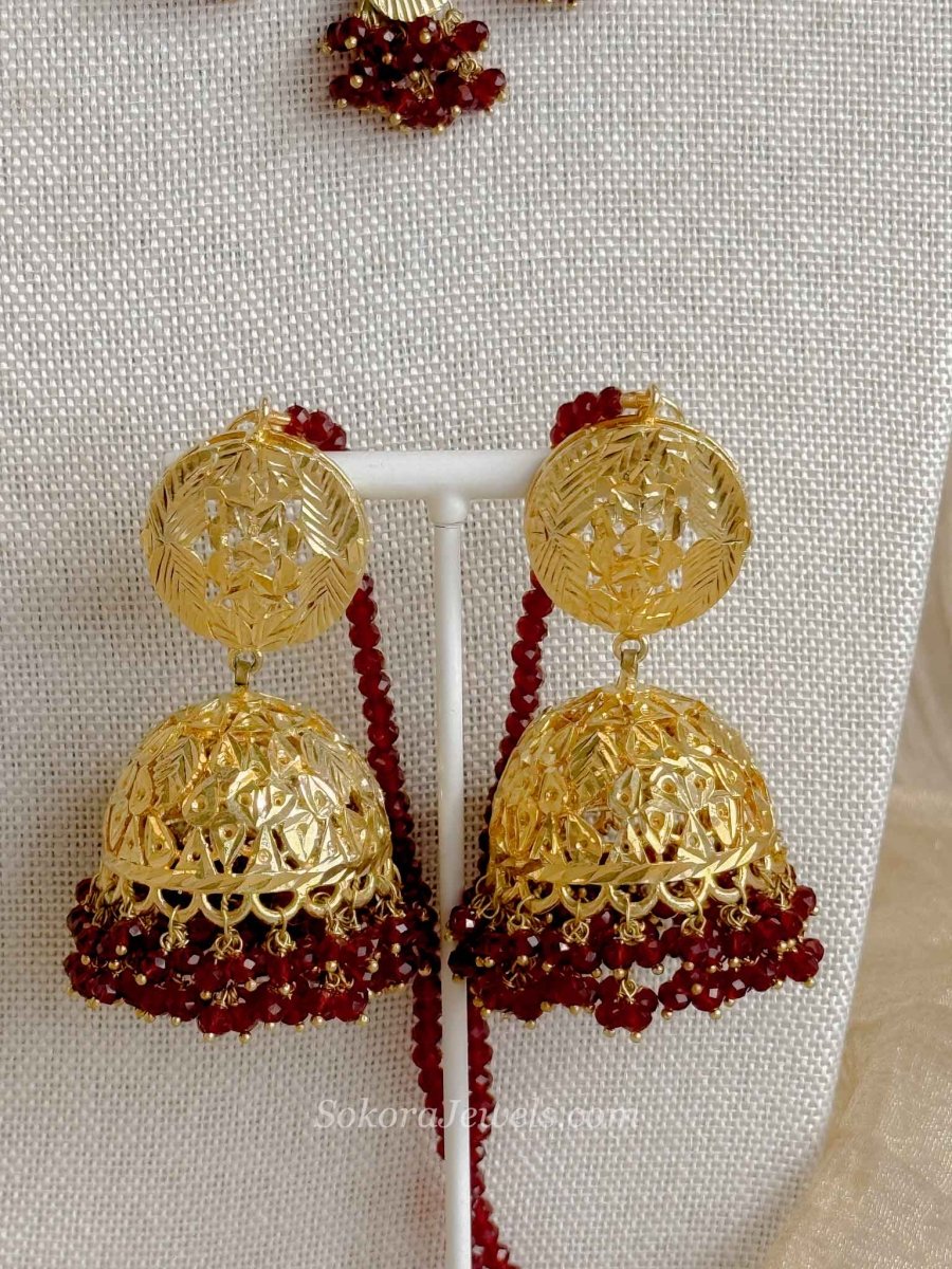 Faiza Gold Plated Bridal Choker set - Maroon - SOKORA JEWELSFaiza Gold Plated Bridal Choker set - Maroon