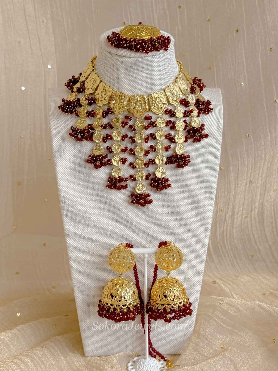 Faiza Gold Plated Bridal Choker set - Maroon - SOKORA JEWELSFaiza Gold Plated Bridal Choker set - Maroon
