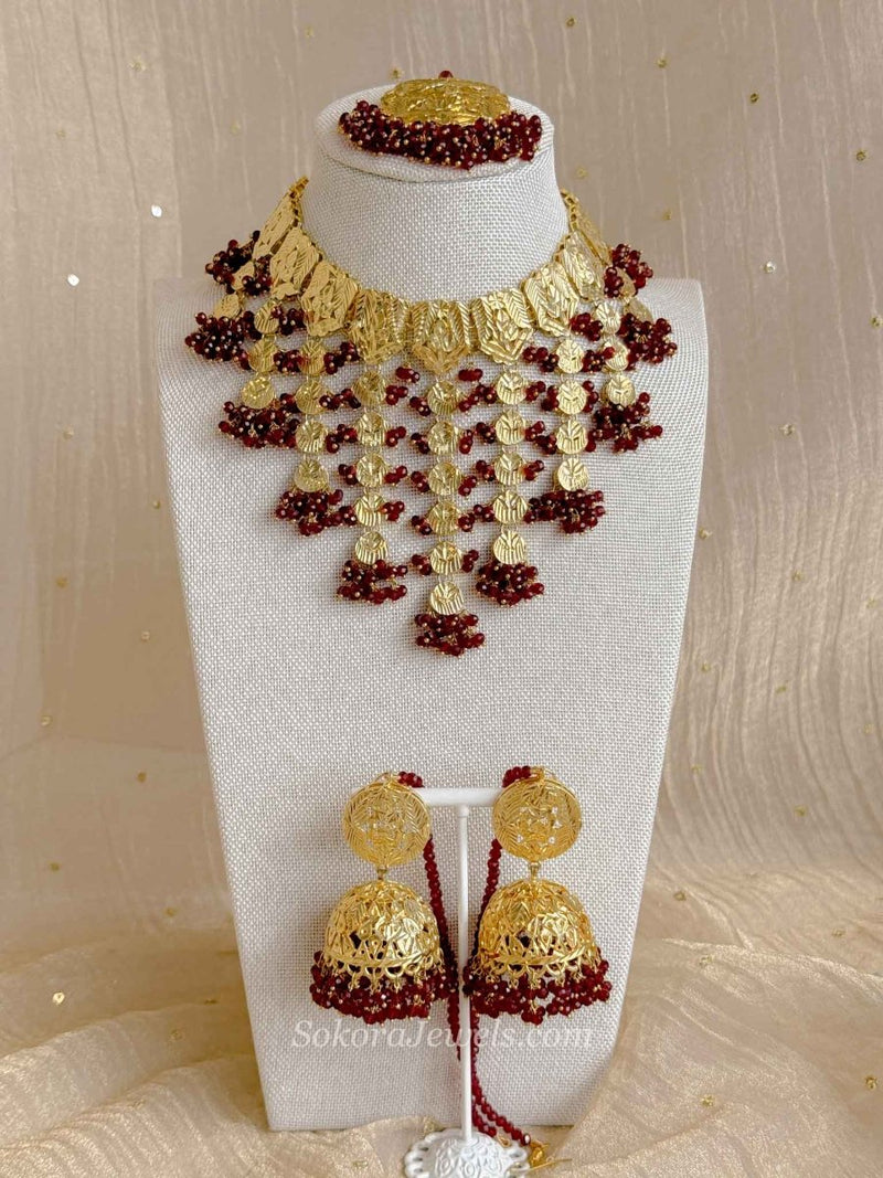 Faiza Gold Plated Bridal Choker set - Maroon - SOKORA JEWELSFaiza Gold Plated Bridal Choker set - Maroon