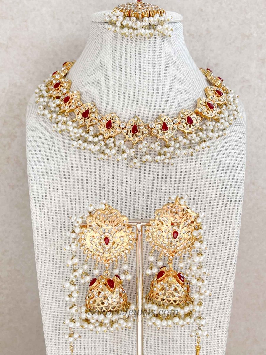 Faiza Gold Plated Bridal necklace set - Ruby - SOKORA JEWELSFaiza Gold Plated Bridal necklace set - Ruby
