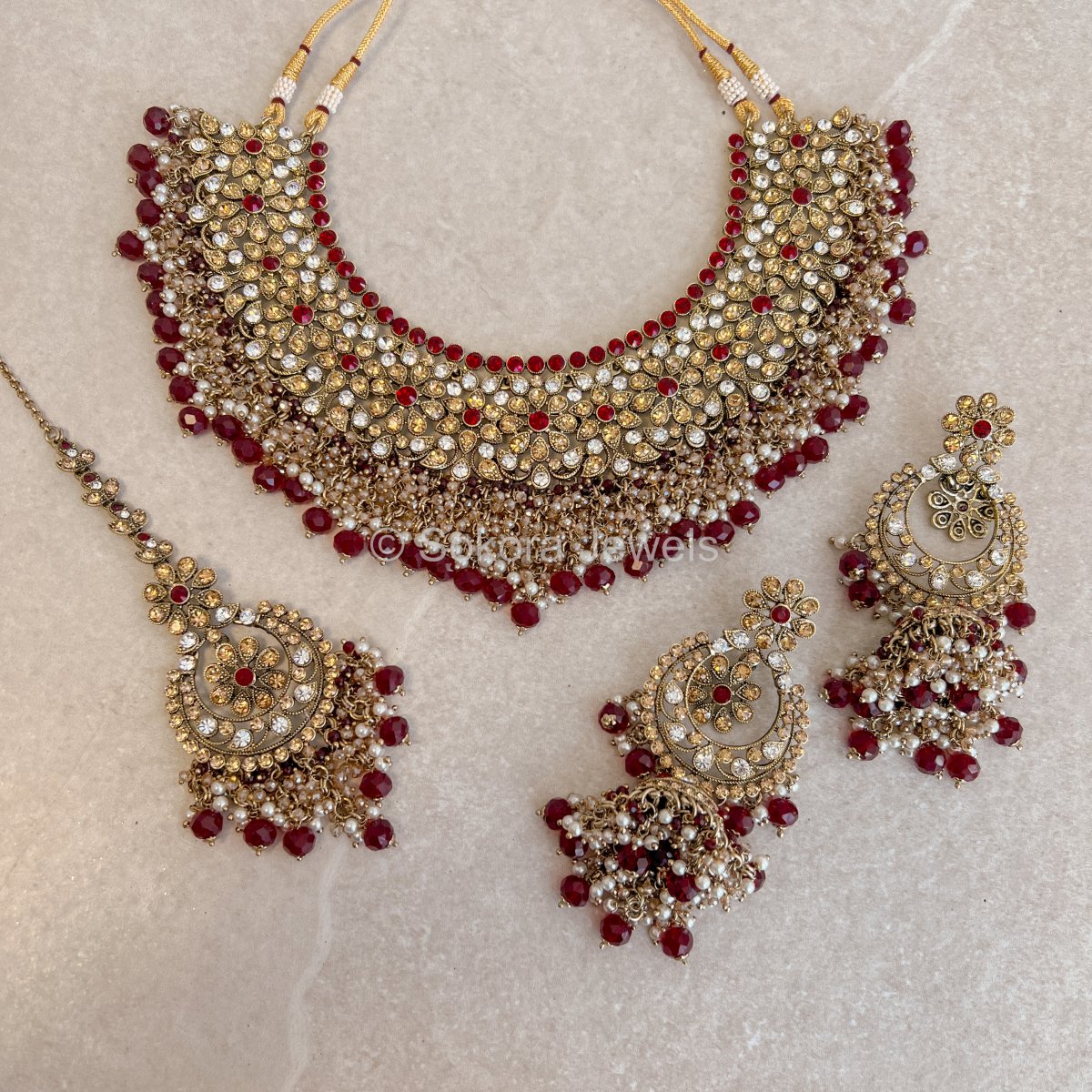 Fakiha Necklace set - Maroon - SOKORA JEWELSFakiha Necklace set - Maroon