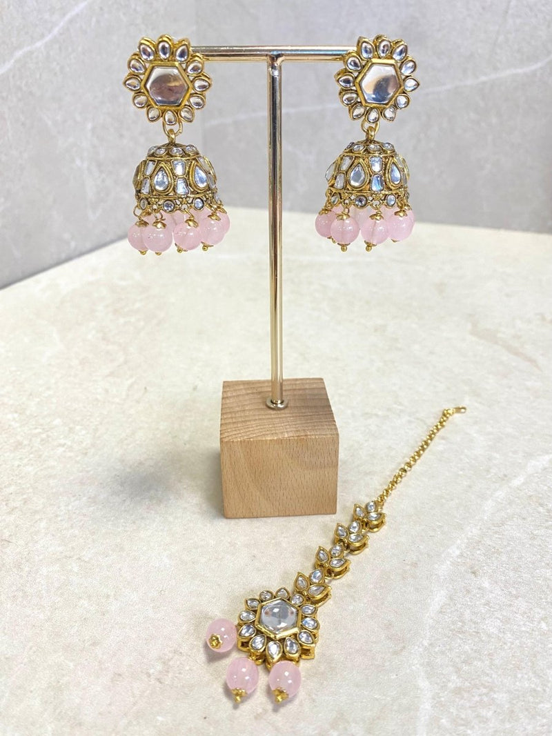 Faux Kundan Earrings and Tikka Set - Pink - SOKORA JEWELSFaux Kundan Earrings and Tikka Set - Pink