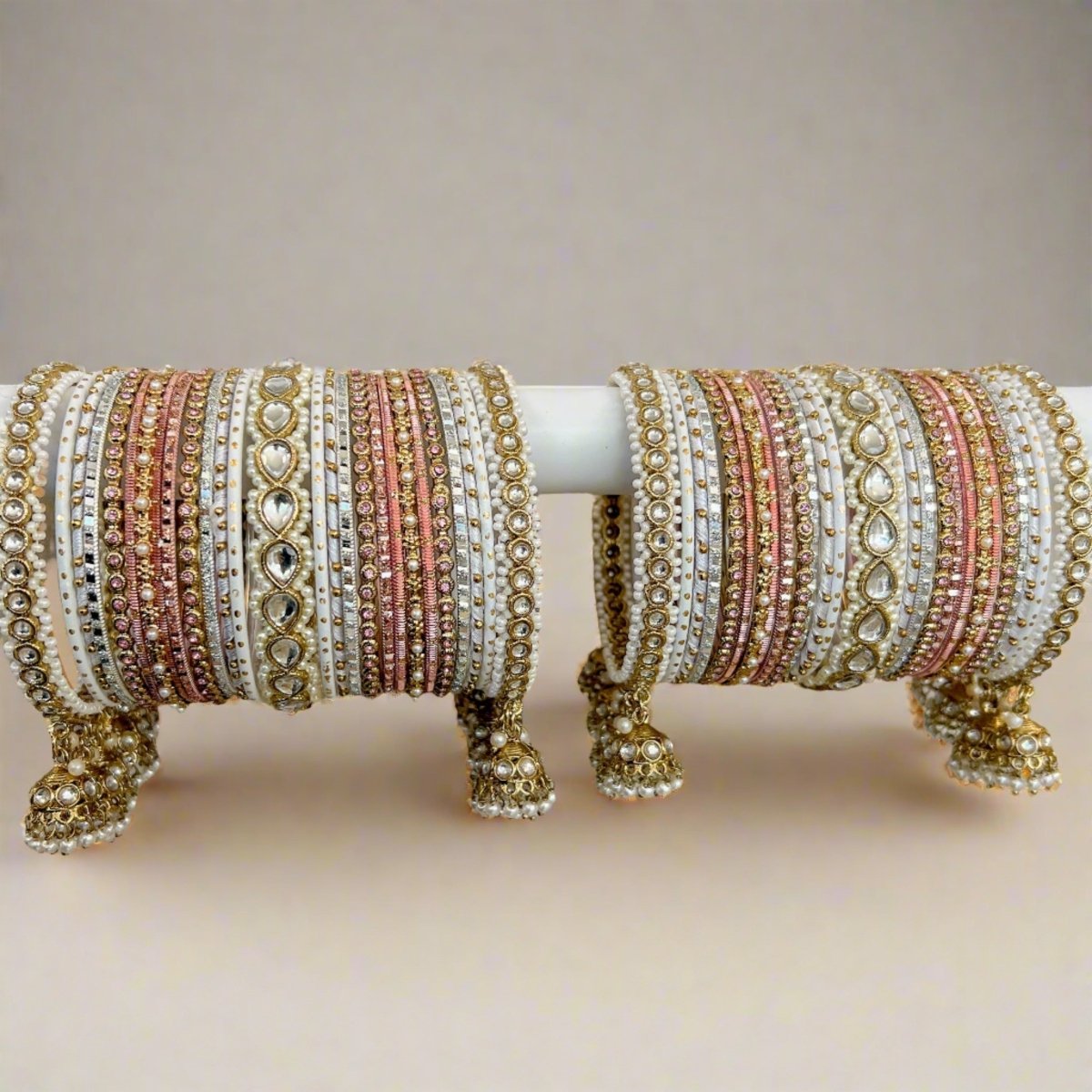 Faux Kundan Jhumka Bangle Set - Pink - SOKORA JEWELSFaux Kundan Jhumka Bangle Set - PinkBANGLES