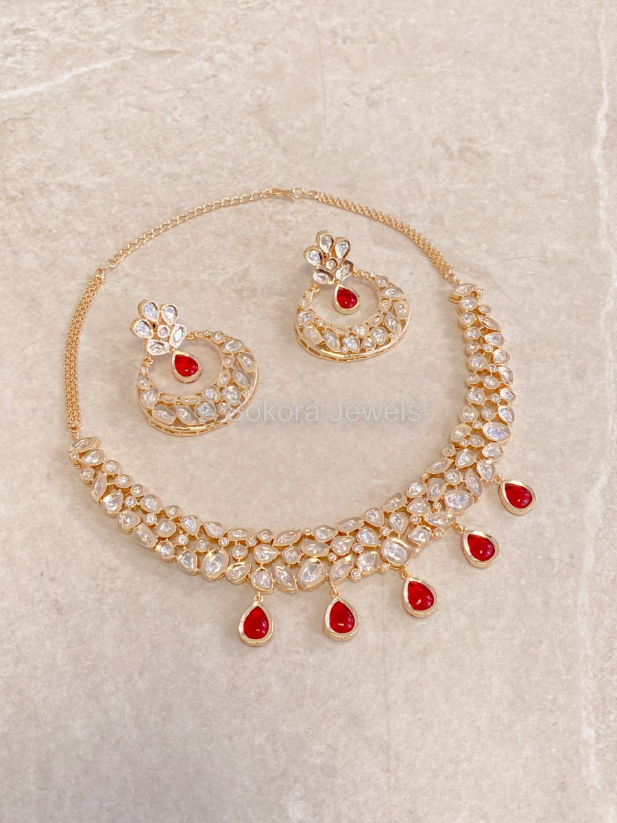 Fiona Kundan Set - Red - SOKORA JEWELSFiona Kundan Set - RedNECKLACE SETS